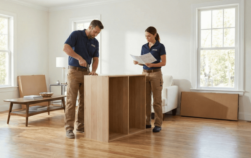 Professional handyman assembling bed frame and flat-pack furniture in a Toronto home