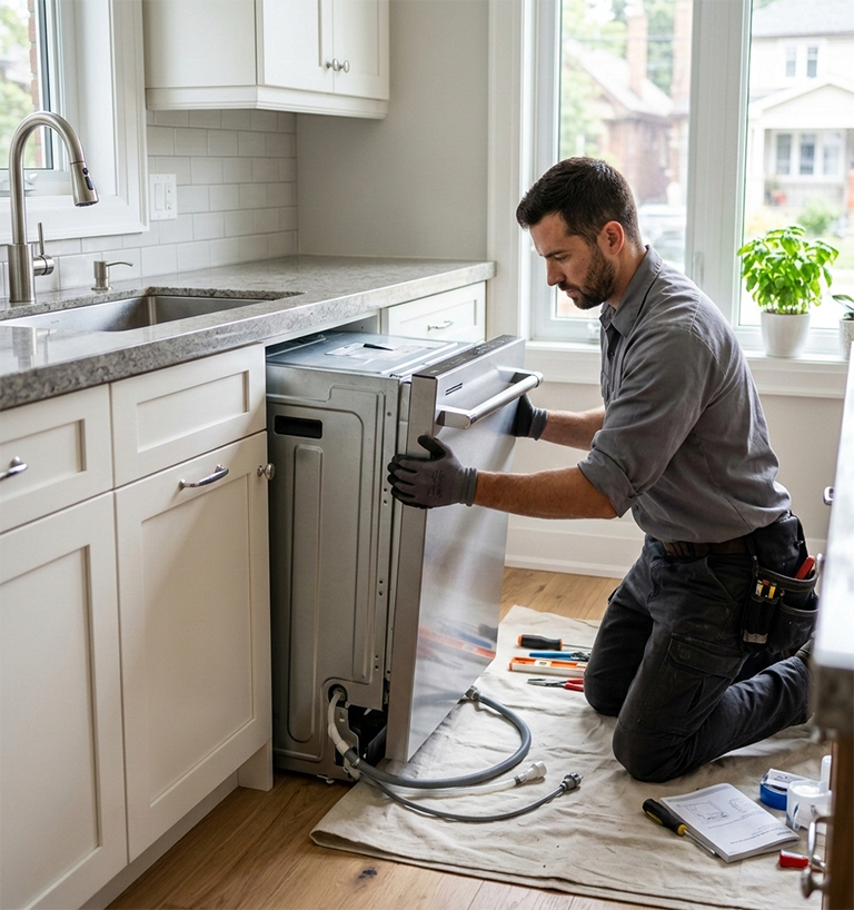 Professional technician installing a stainless steel refrigerator in a Toronto home kitchen