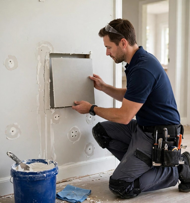 Services include: fitting a new drywall section, small holes and crack repair