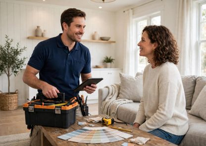 Homenza handyman discussing all-in-one home services with a homeowner