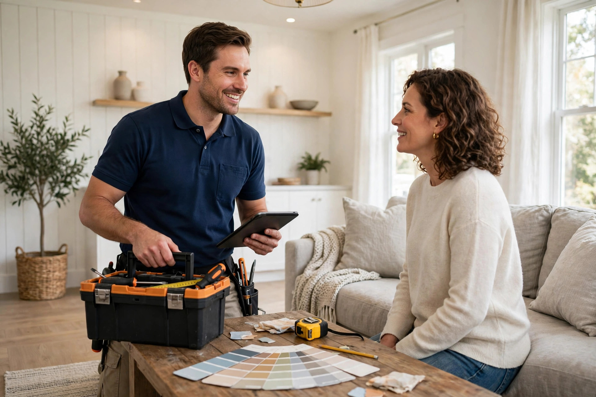 Homenza handyman discussing all-in-one home services with a homeowner