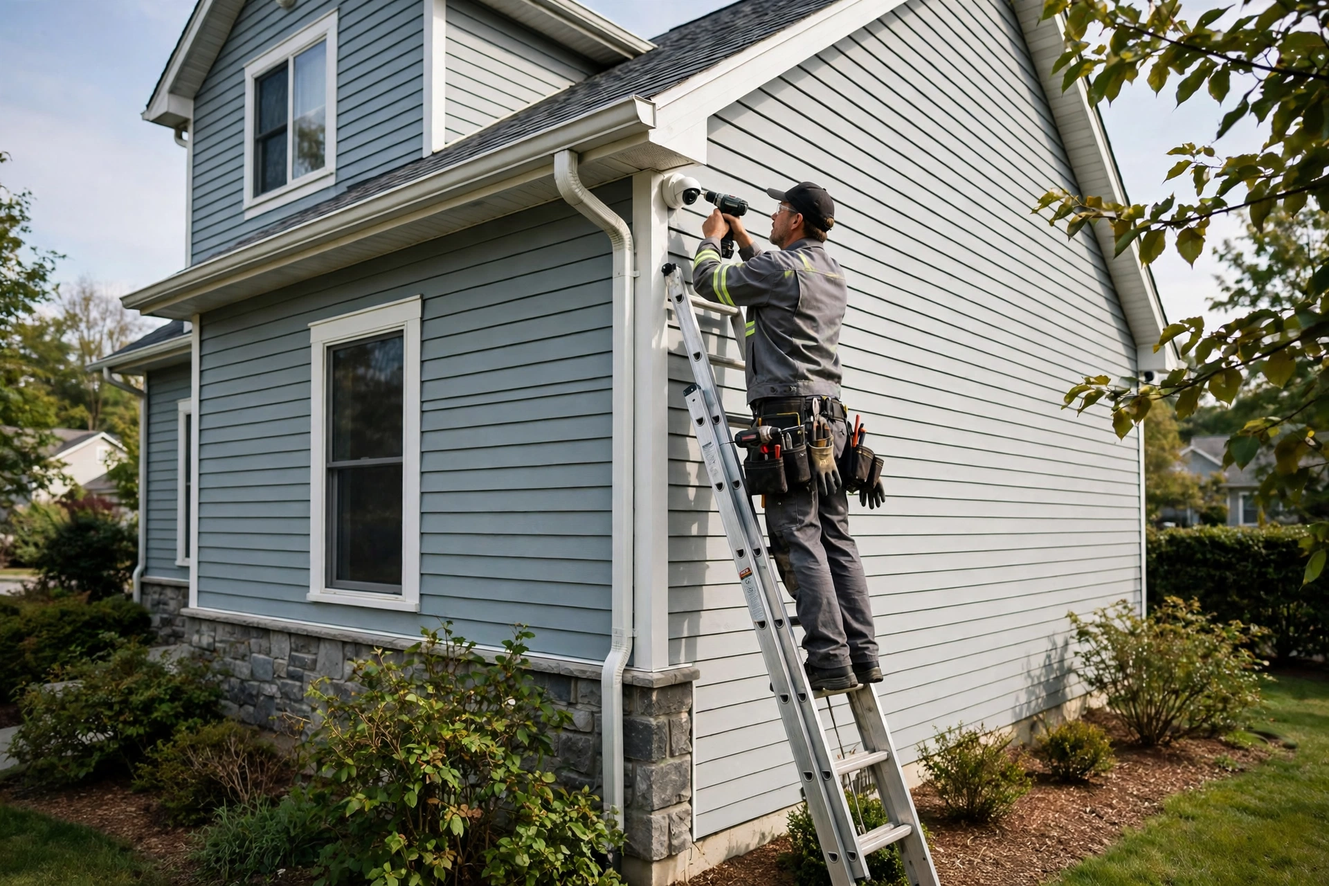 Security camera installation in Mississauga — Homenza technician installing a security camera