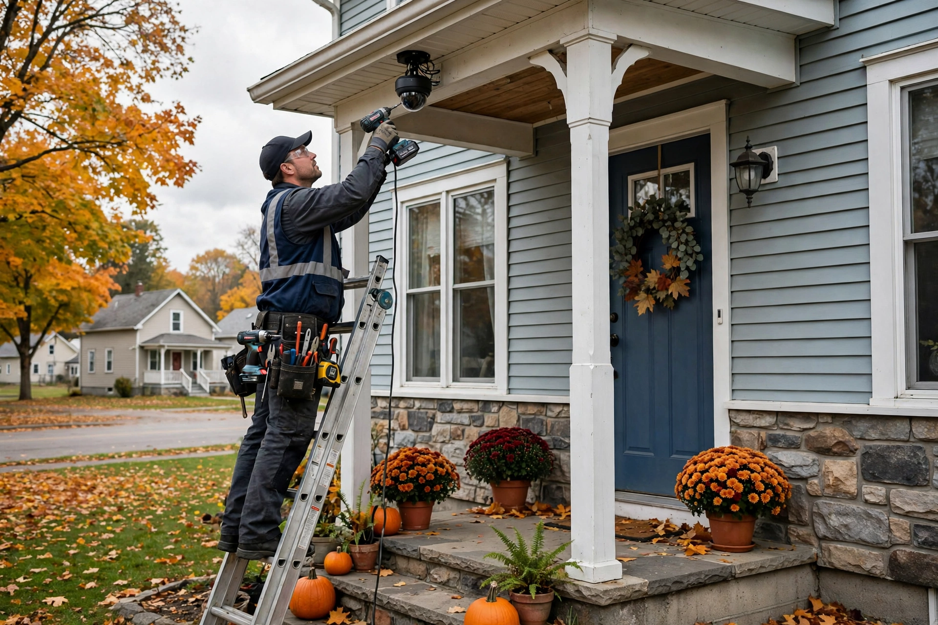 Security camera installation in Newmarket — Homenza technician installing a security camera