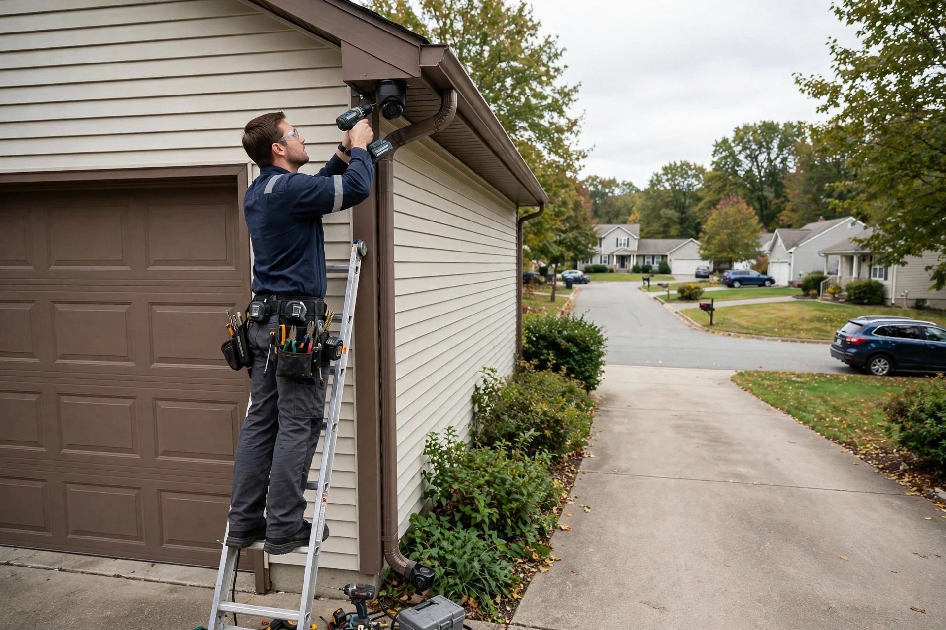 Security camera installation in Oshawa — Homenza technician installing a security camera