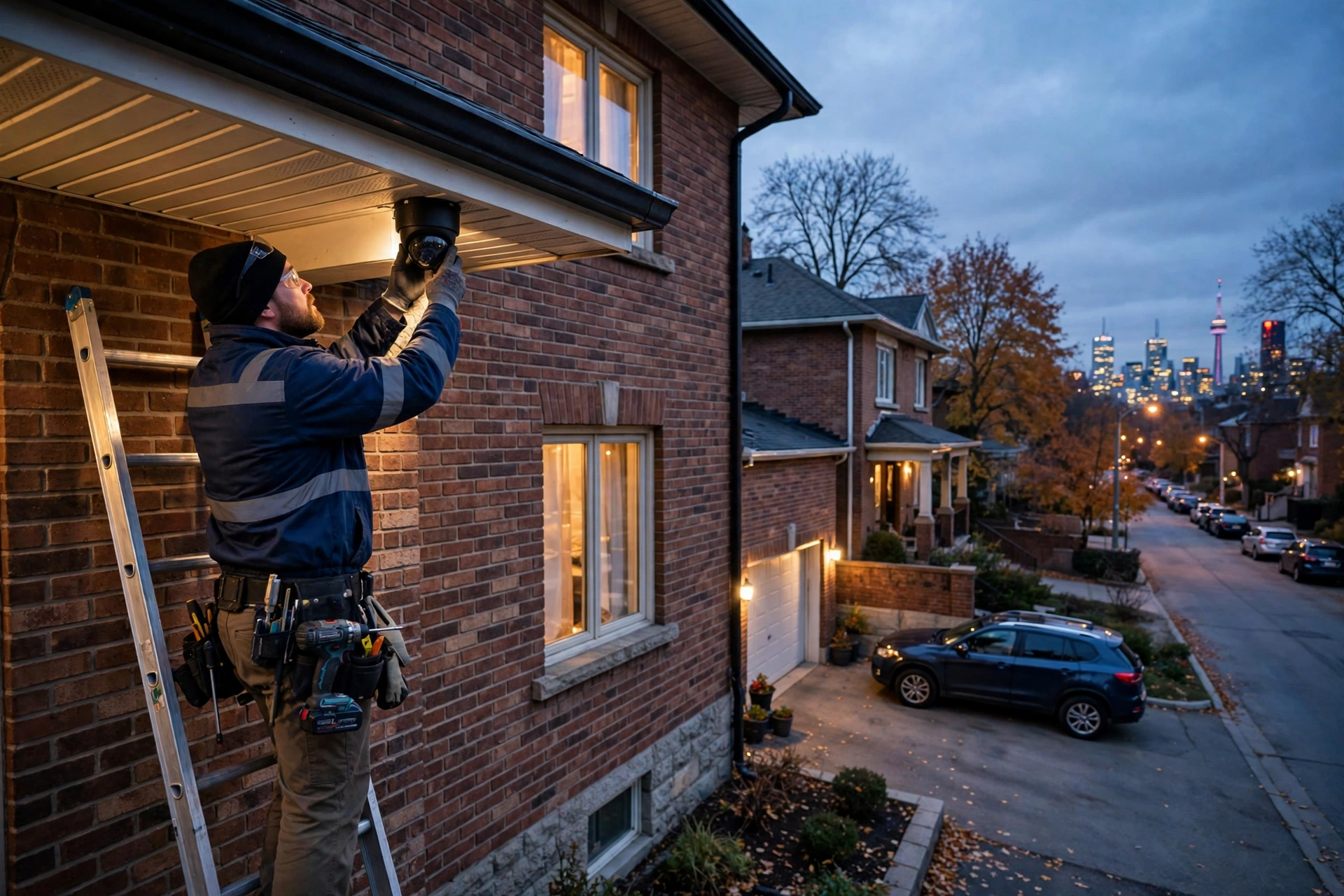 Security camera installation in Toronto — Homenza technician installing a security camera