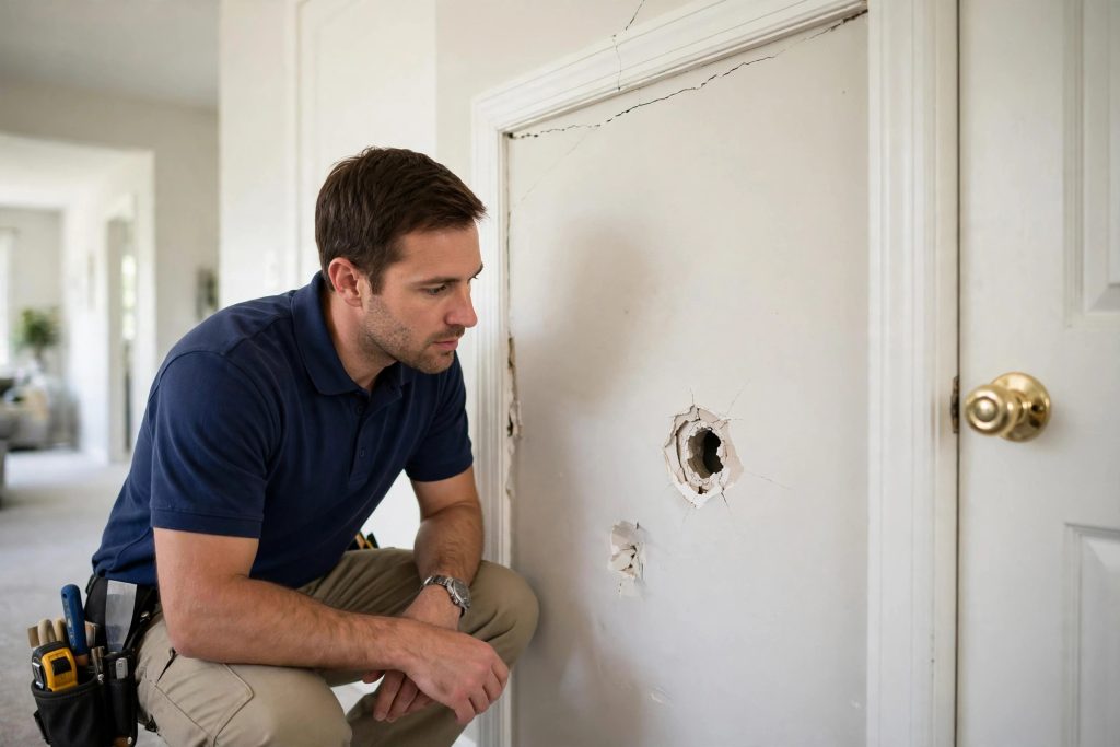 Doorknob hole and drywall cracks in a Toronto home wall