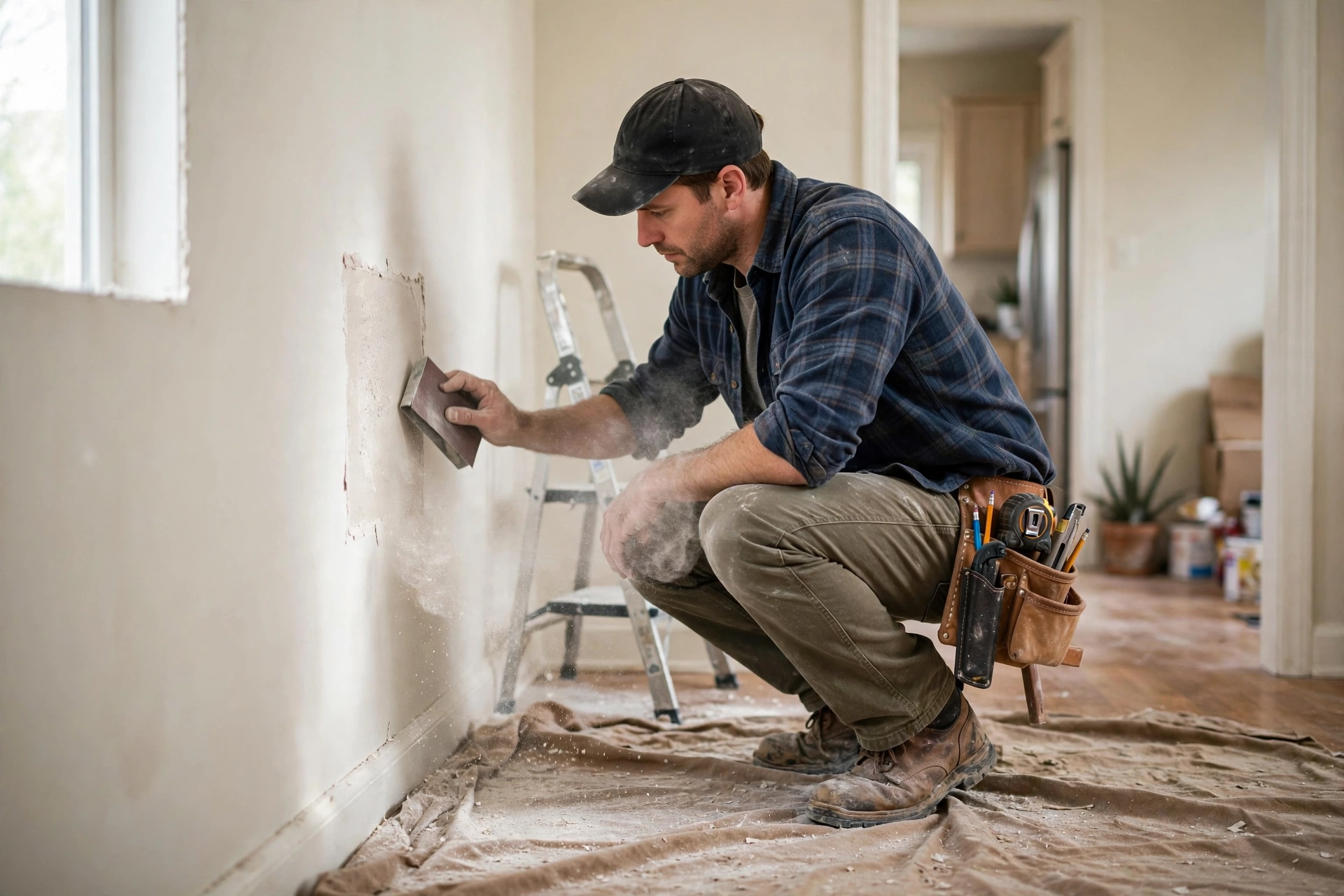 Drywall repair in North York — Homenza handyman repairing drywall in a home