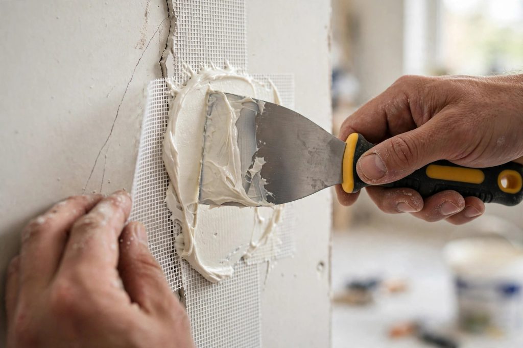 Applying mesh tape and joint compound for a drywall repair in Toronto