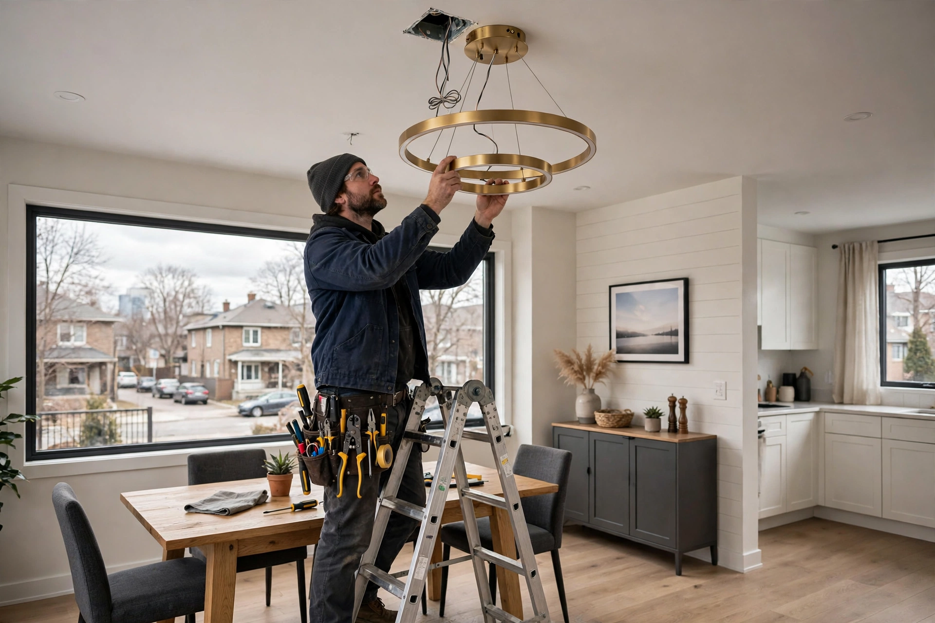 Electrical services in Toronto — Homenza handyman installing a light fixture in a home