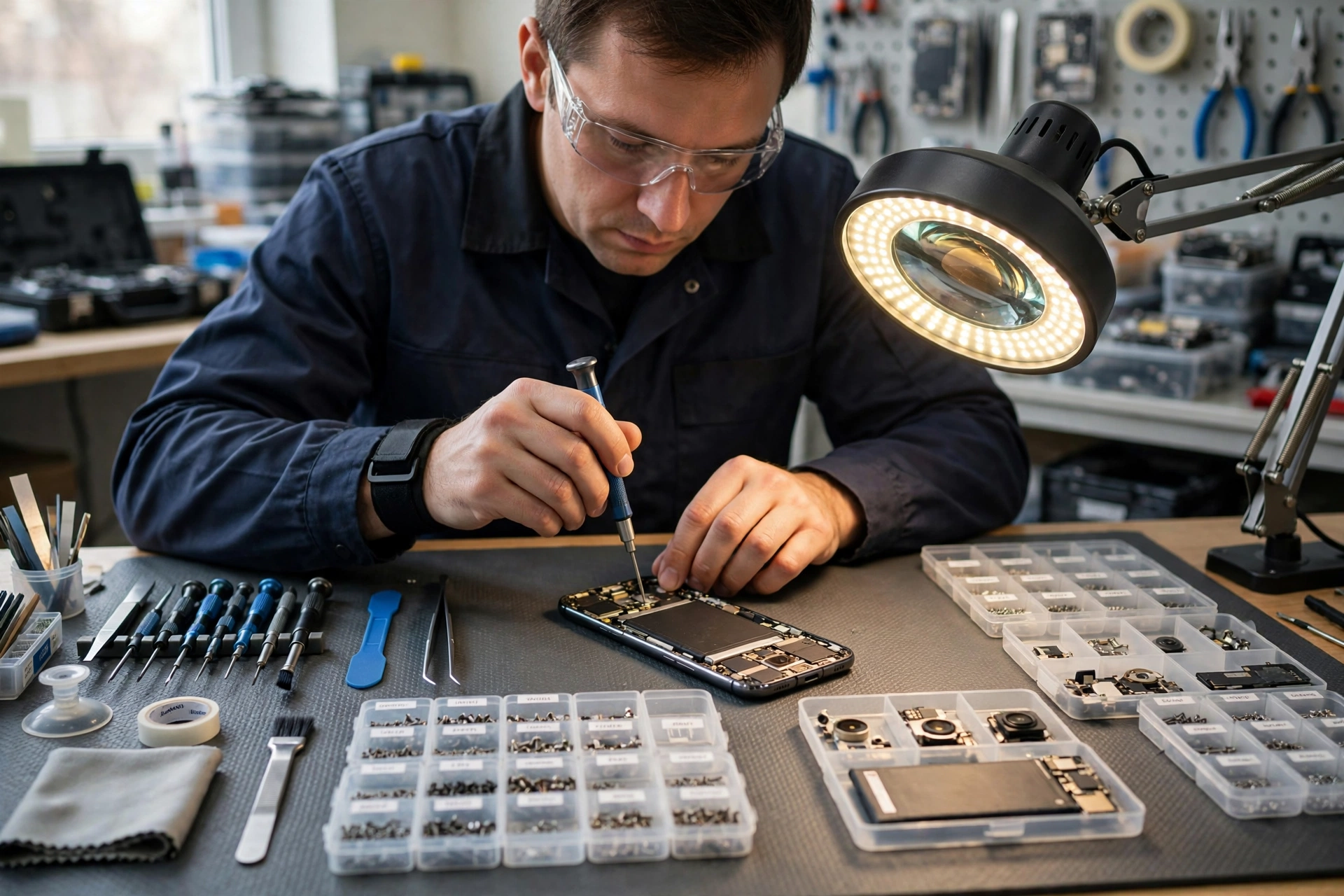 Gadget repair — Homenza technician repairing a device on a workbench