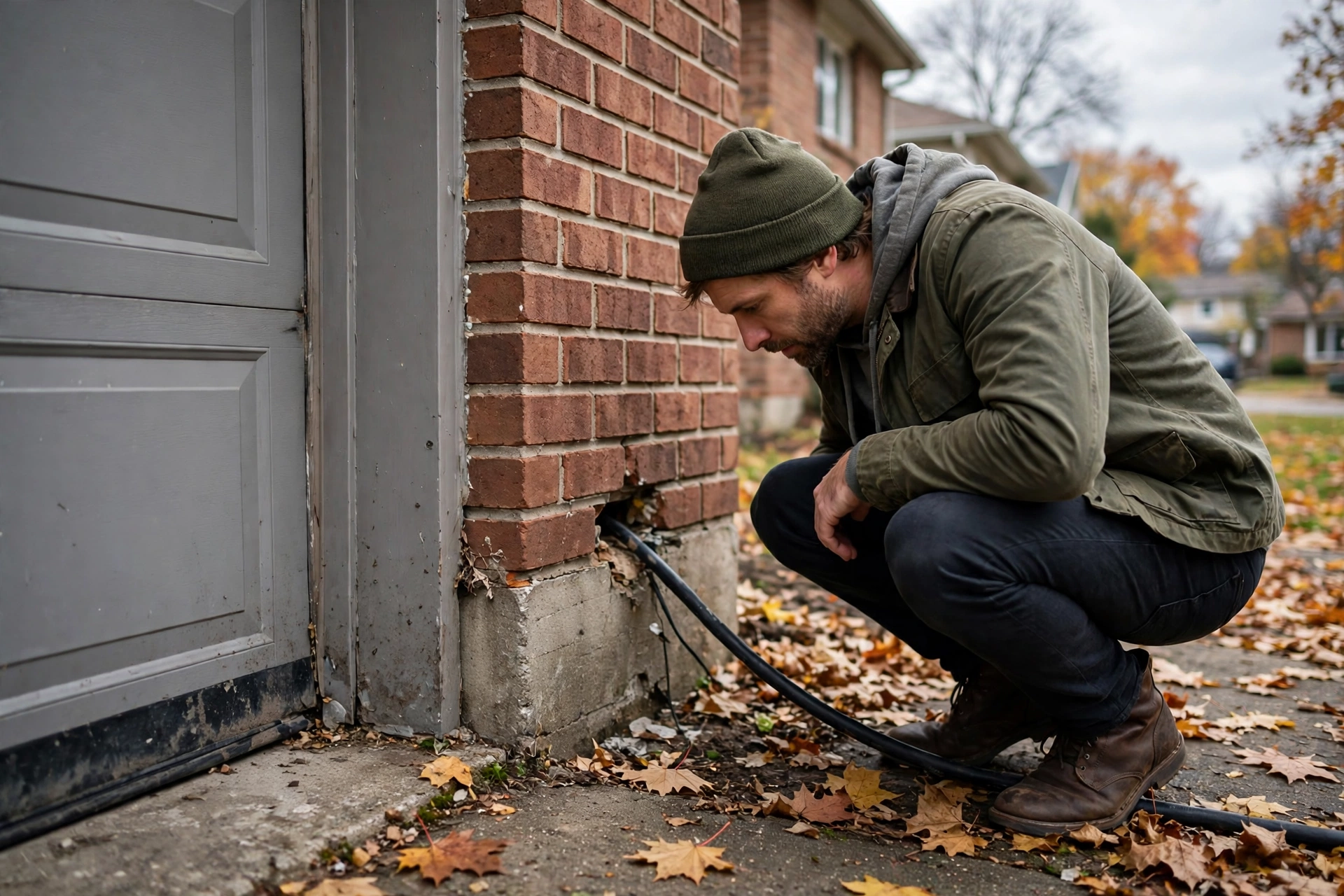 Inspecting a home's foundation and garage seal for mouse entry points before winter