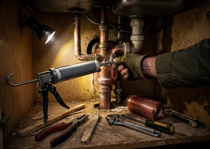 Handyman sealing a gap around pipes under a kitchen sink to keep mice out