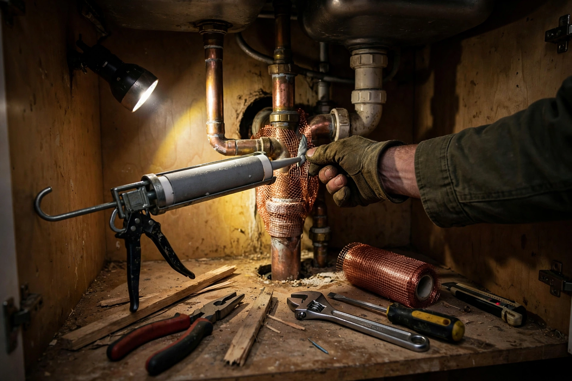 Handyman sealing a gap around pipes under a kitchen sink to keep mice out