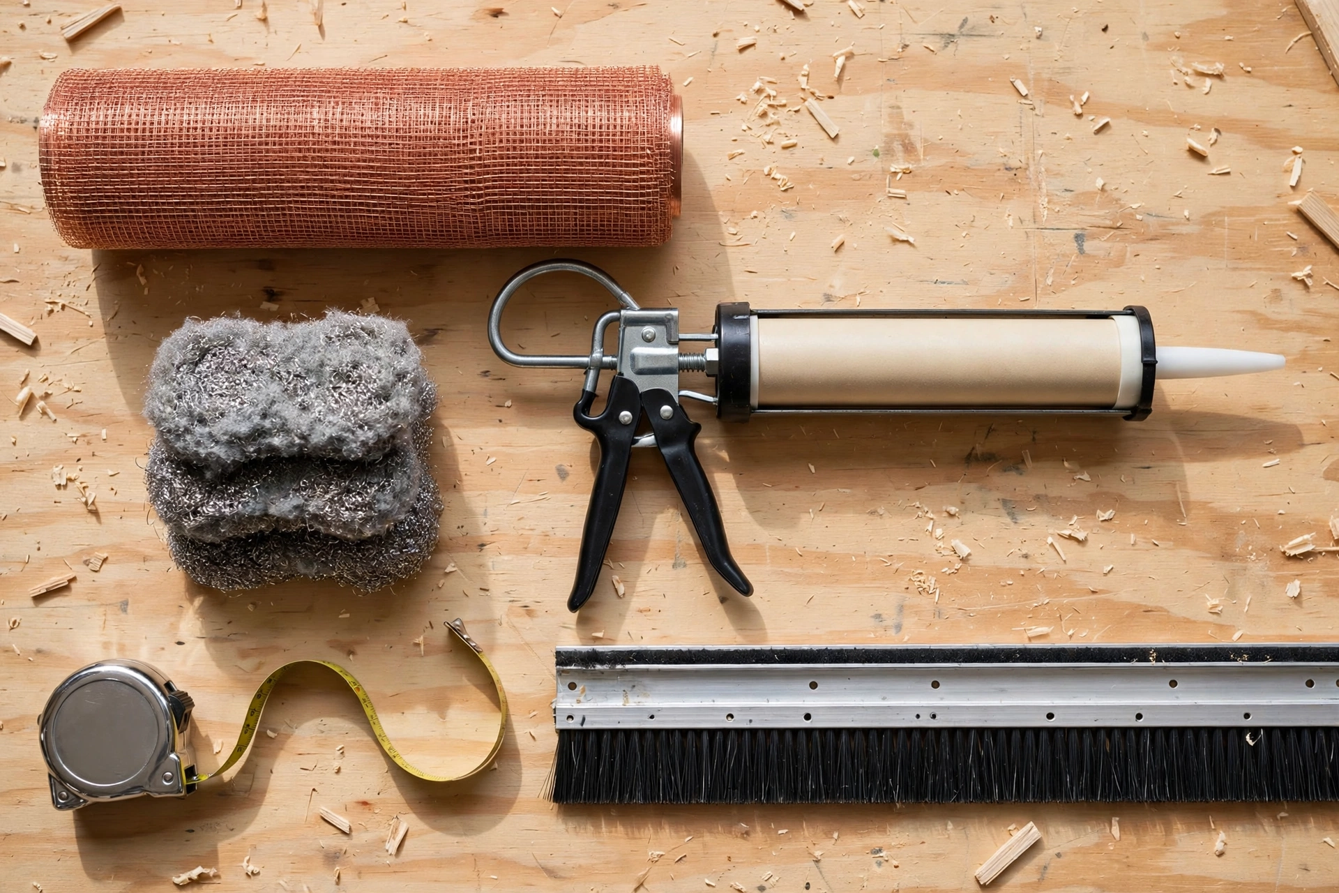 Mouse-proofing materials: copper mesh, steel wool, sealant and a door sweep