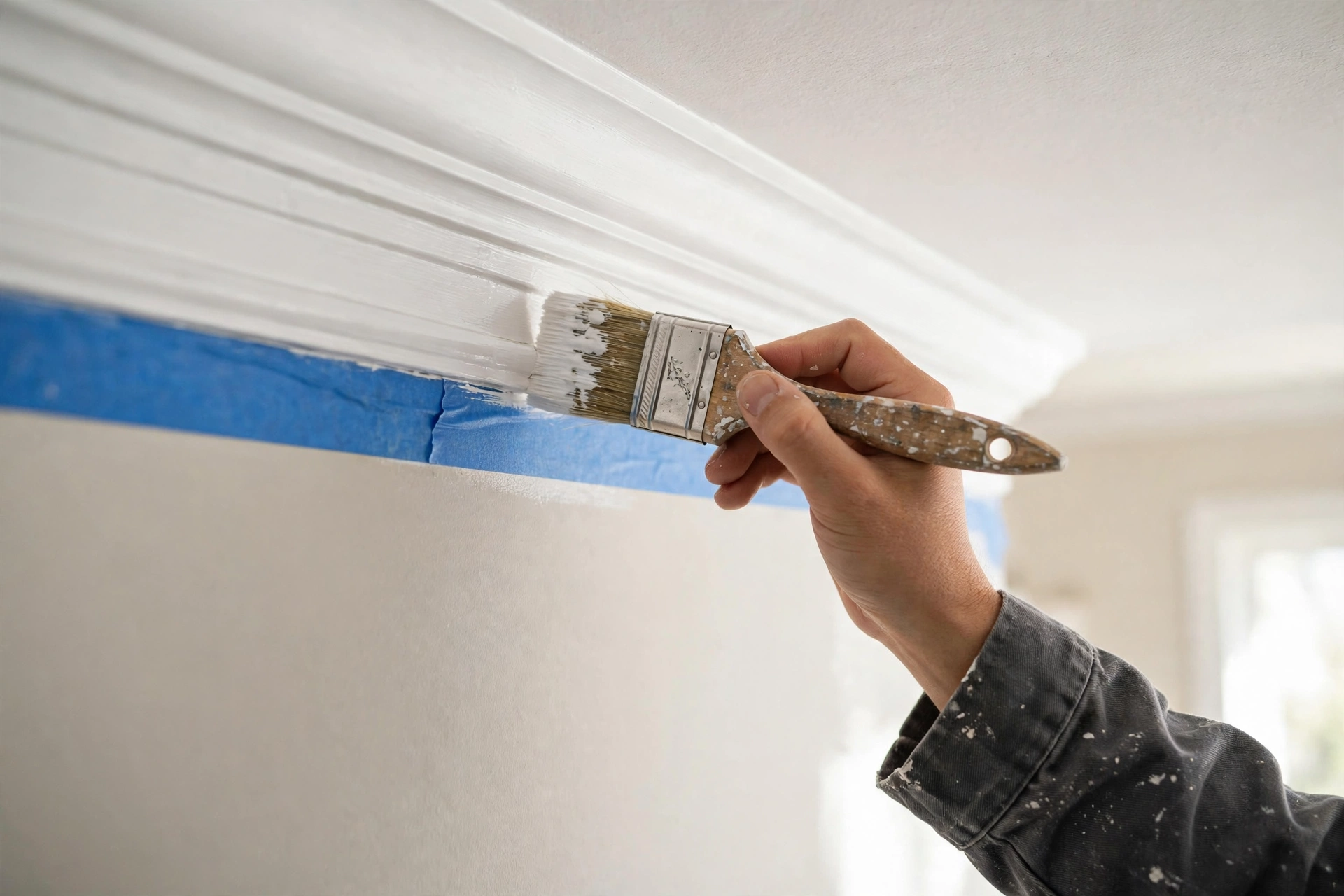 Painter cutting in along ceiling trim for a clean interior paint finish