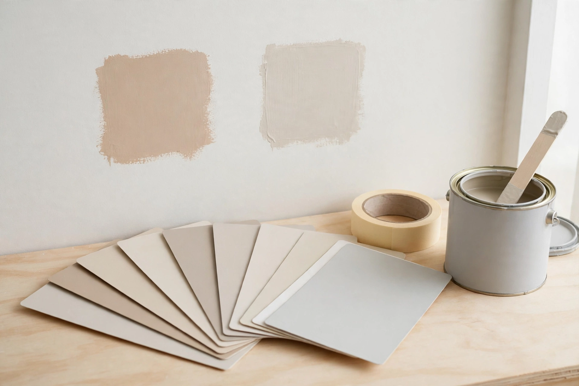 Choosing interior paint colours with swatches and test patches before painting