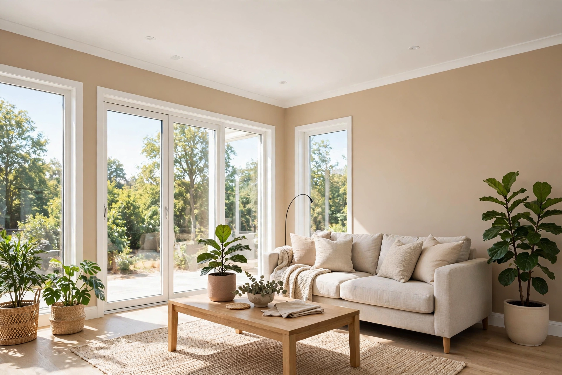 Freshly painted living room with warm neutral walls and white trim in a Toronto home
