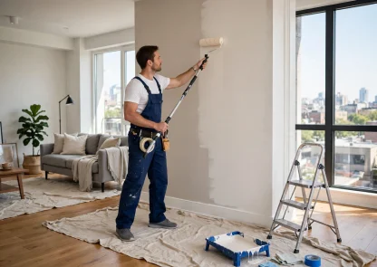 Professional painter rolling a fresh coat of paint on an interior wall in a Toronto home