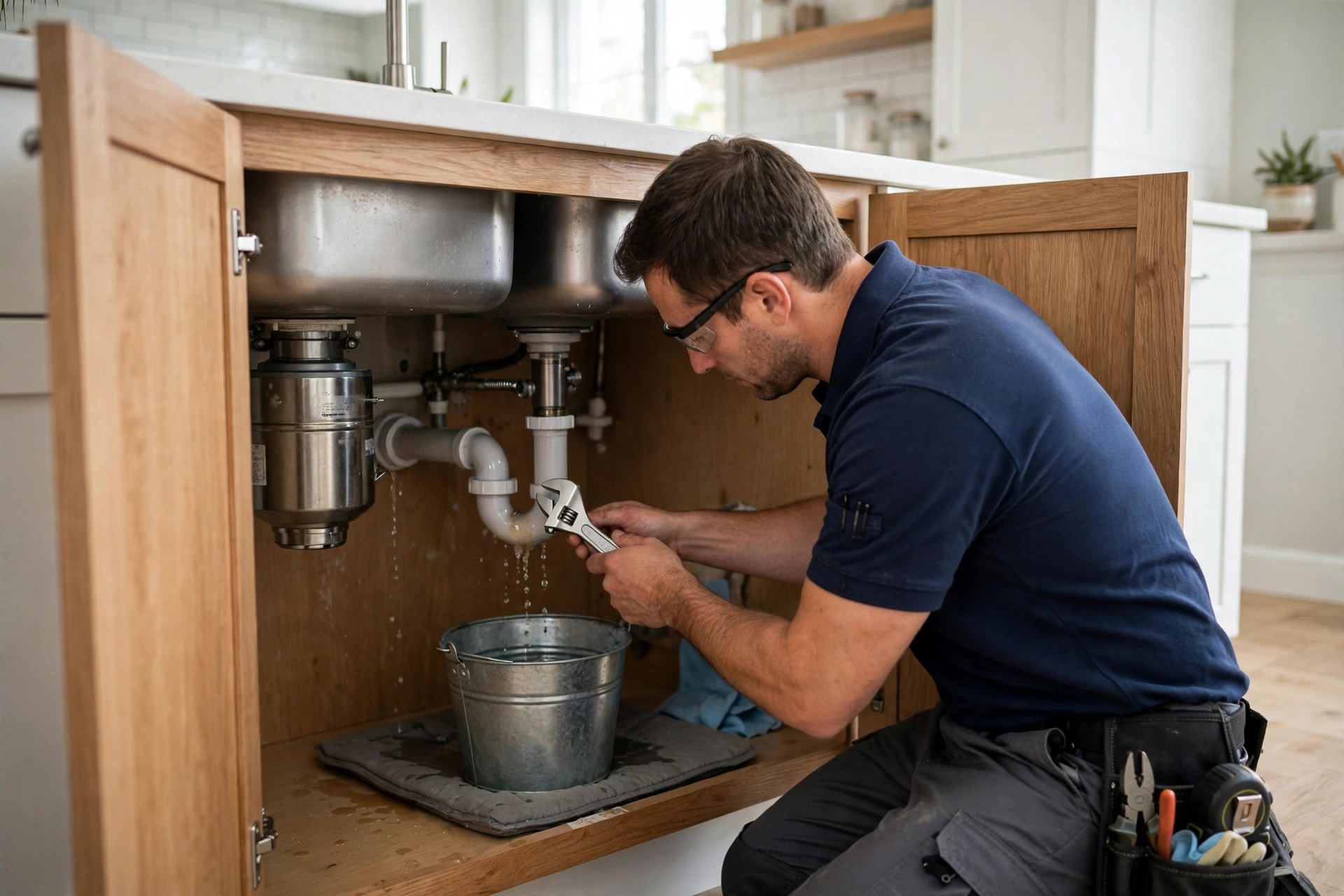 Swift Home Repairs Timely Solutions to Keep Your Home in Tip-Top Shape 2 Plumber repairing a leaking pipe under a kitchen sink — home repairs in Toronto
