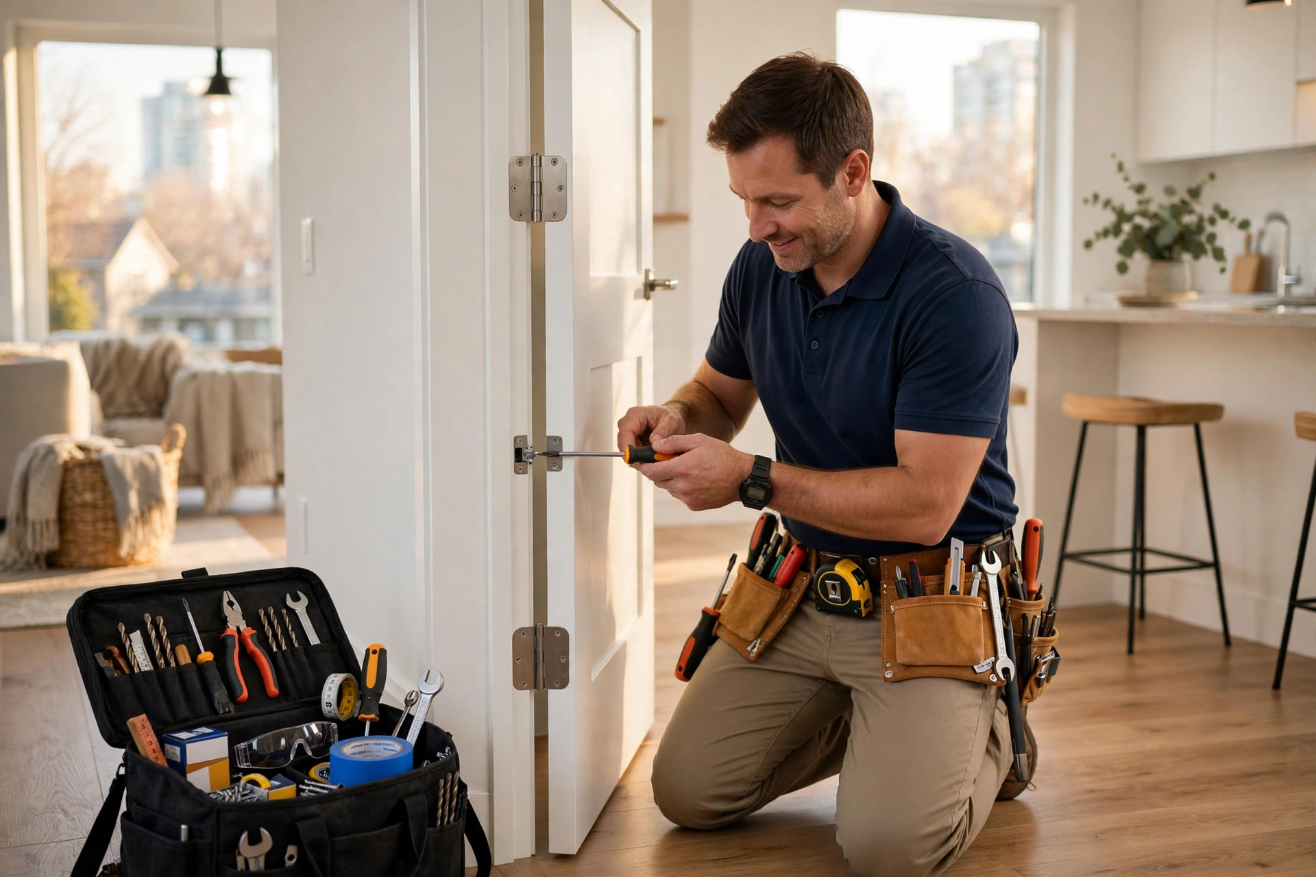 Home repair services in Toronto: Homenza handyman fixing a door hinge