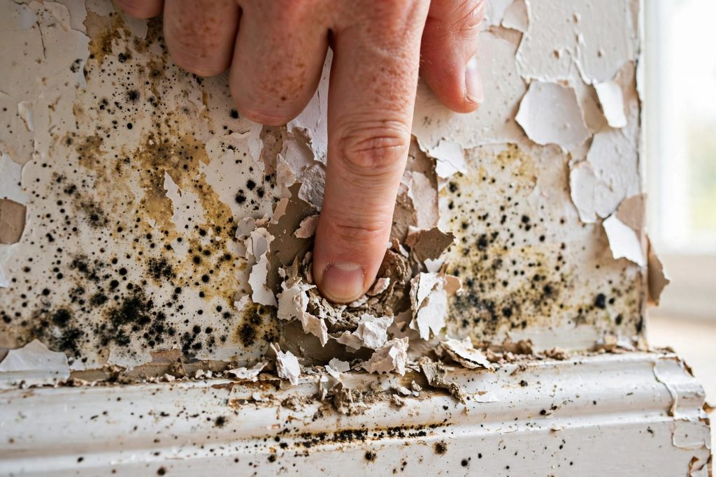 5 Signs Your Wall Damage Is More Than Cosmetic 4 Finger pressing into soft, mould-spotted water-damaged drywall above a baseboard