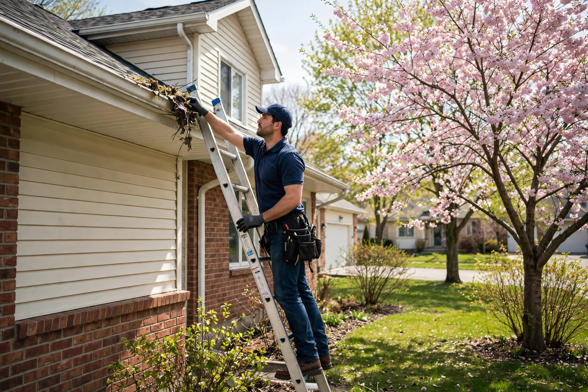 Handyman cleaning gutters in Toronto — spring home maintenance checklist in action