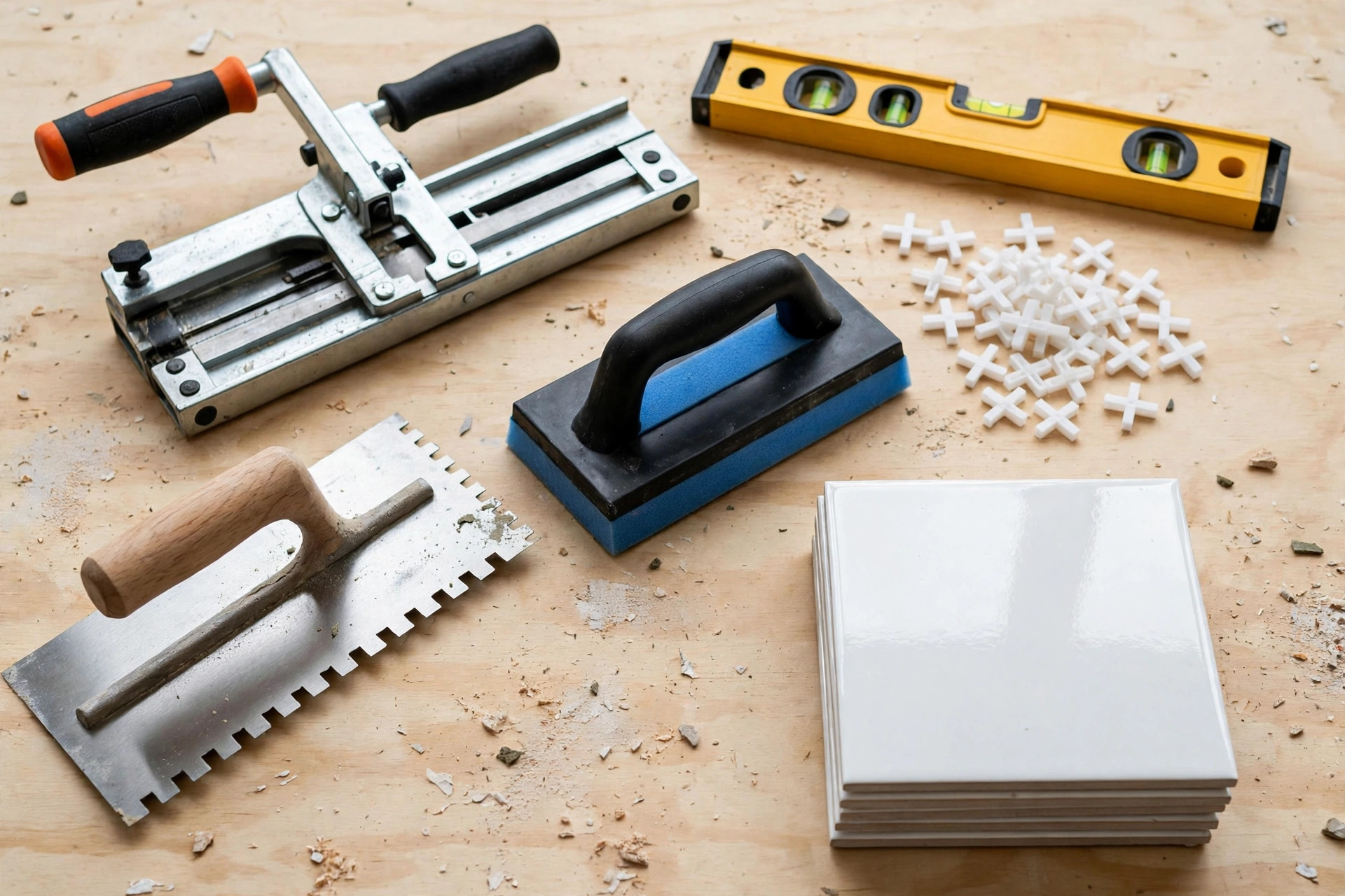 Tools to replace old tiles: tile cutter, notched trowel, grout float and tile spacers