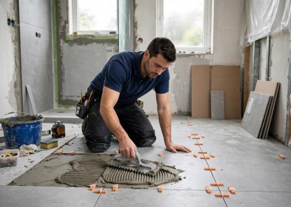Replacing old tiles: handyman laying new floor tiles with a notched trowel