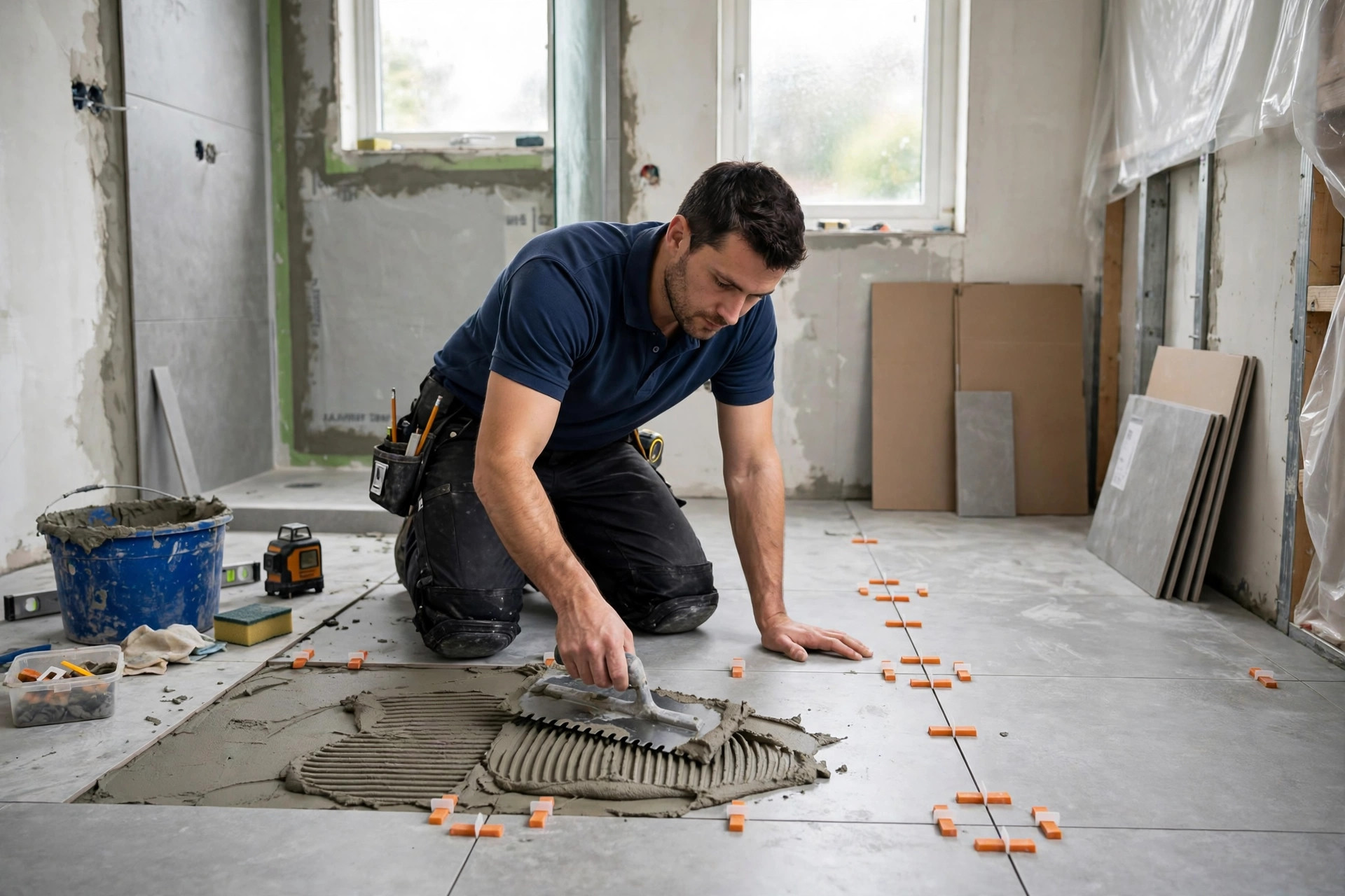 Replacing old tiles: handyman laying new floor tiles with a notched trowel