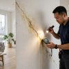 Handyman inspecting a cracked, water-stained wall with a flashlight and moisture meter in a Toronto home