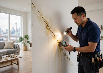 Handyman inspecting a cracked, water-stained wall with a flashlight and moisture meter in a Toronto home