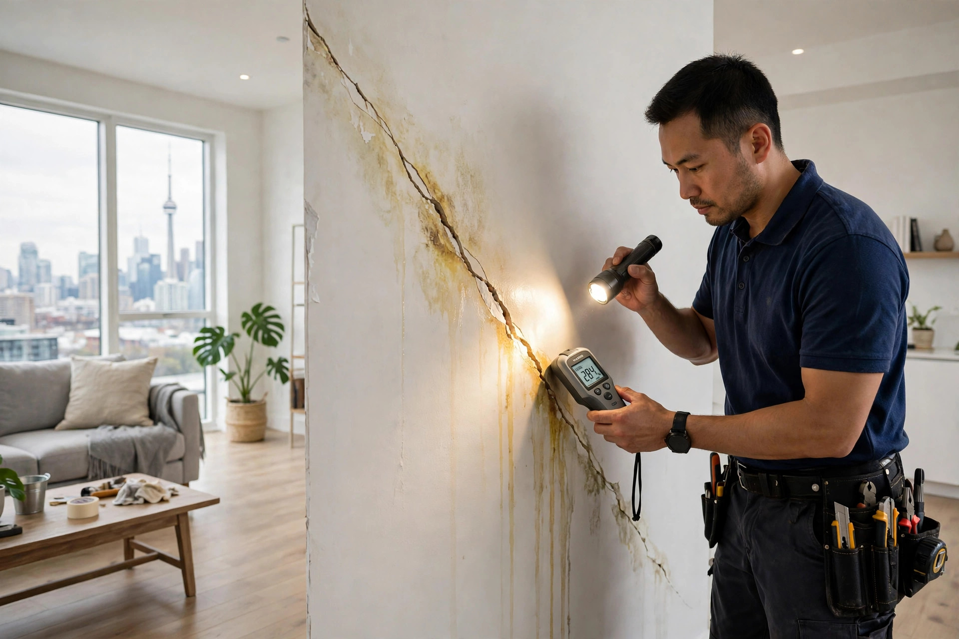 Handyman inspecting a cracked, water-stained wall with a flashlight and moisture meter in a Toronto home