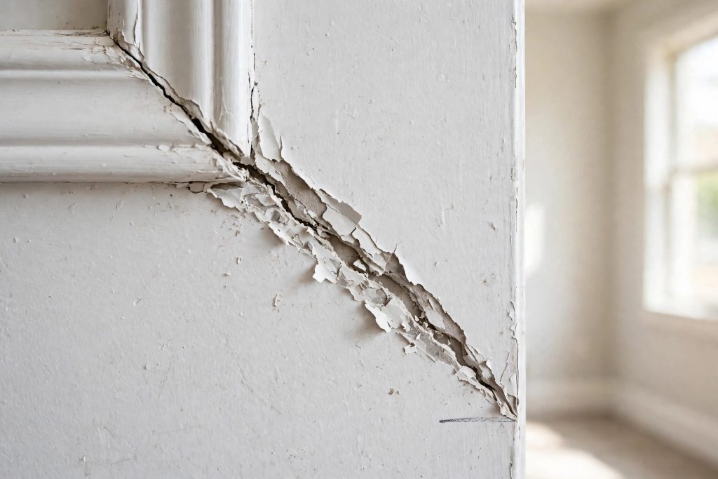 5 Signs Your Wall Damage Is More Than Cosmetic 3 Wide diagonal crack from a door frame corner with a pencil mark tracking its growth